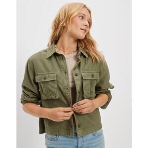 American Eagle AE Cropped Long-Sleeve Cargo Button-Up Shirt, Womens Sz L